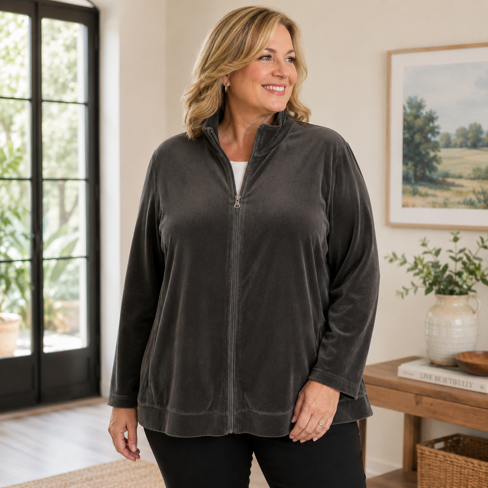 Talbots Jacket Womens 2X Black Soft Velvet Velour Full Zip Mock Neck Pockets
